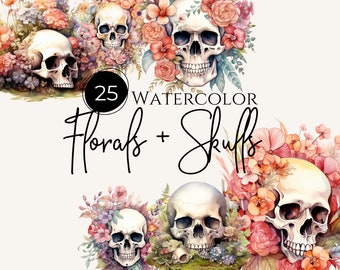 Watercolor Floral Skulls Clipart | 25 Pieces, Watercolor Skulls, flowerclipart, Transparent PNG Files, Commercial Use Clipart