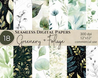 Greenery Digital Paper | Floral Digitals, Botanical Digital Paper, Seamless Digital Pattern, Eucalyptus Greenery, Printable Papers