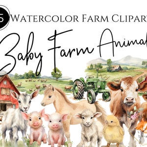 Clipart de animais de fazenda em aquarela, clipart de cena de fazenda, clipart de fazenda fofo, pacote de clipart de 25 peças, PNGs transparentes, uso comercial