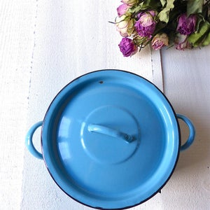 Former French Faitout emailed french blue enamel pan cooking pot blue shabby decoration rustic French flat blue