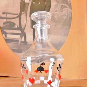 Vintage CARAFE de bistrot Verre jeux de cartes trèfle pique carreau coeur antique french jug glass deck of cards card game