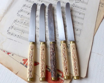 5 OLD VINTAGE French KNIVES handle in rustic imitation wood deco tableware Shabby Country chic kitchen decor