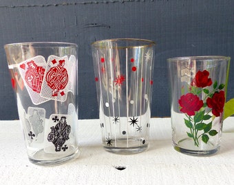 Set of 3 OLD GLASSES playing cards red roses stars black gold white Made in France kitchen decor decoration Bistro 50s