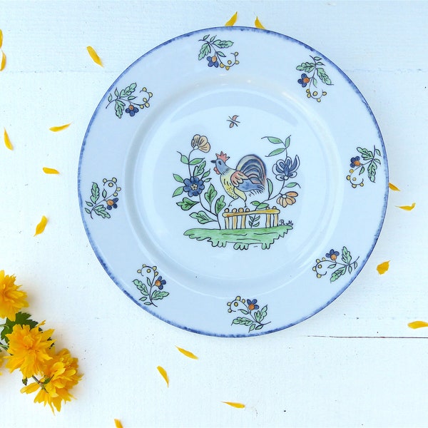 Assiette plate ANCIENNE française, décor Coq poule oiseau ferme, faïence Kronester - Bavaria 1991, Campagne rustique, cadeau
