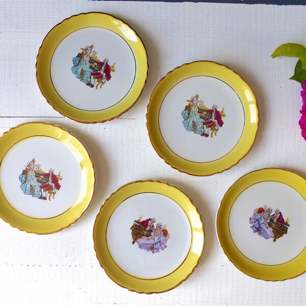 Ancien français 5 assiettes à dessert MOULIN des LOUPS & ORCHIES scène galante jaune vintage french france decor fleurs ligne dorée