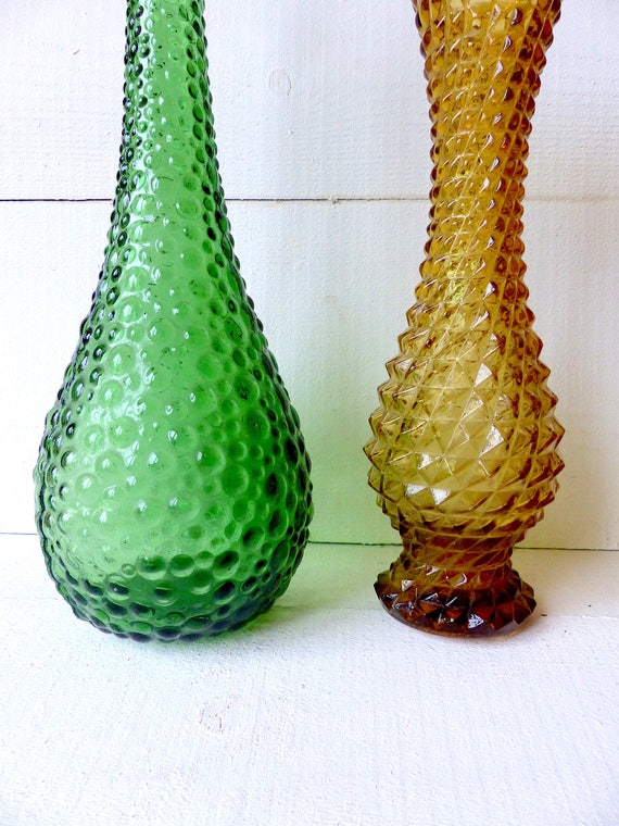 Vintage Italian Glass Vases 2 Green Brown Decor Italian Etsy