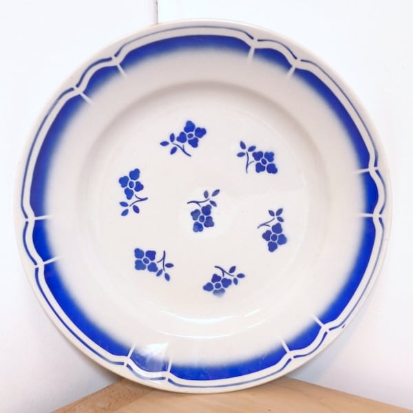 Grande assiette/plat ancien retro vintage bleu et blanc en céramique Fleurs VINTAGE french plate blue & white flowers