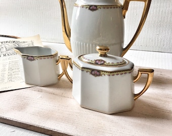 LIMOGES Vintage coffee service | Coffee maker Sugar bowl Milk jug | porcelain | woman gift | tea coffee french teatime | Flower and gold decor