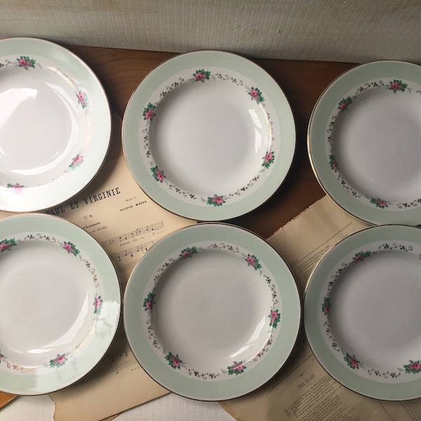 Assiettes anciennes ceramique set de 6, marque L’AMANDINOISE, vaisselle Demi-porcelaine,  french antique tableware sets -