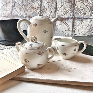 GIEN & Moulin des Loups | COFFEE MAKER teapot + milk jug + sugar bowl | old vintage flower decor | Made in France | 1950 | old service