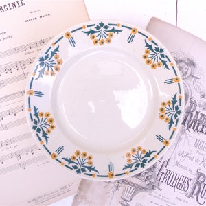 Antique French Dish Yellow flowers TERRE DE FER Choisy le Roi Earthenware France Vintage Shabby rustic country decor cake dish