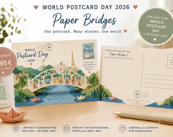 Postcard World Postcard Day 2026 – Paper Bridges – Paper art illustration for Postcrossing & Snail Mail
