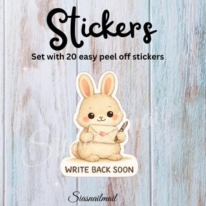 Könnte beinhalten: Ein Set mit 20 leicht ablösbaren Aufklebern. Das Bild zeigt ein hellbraunes Kaninchen, das einen Stift und einen Umschlag mit einem Herzen hält. Der Text „WRITE BACK SOON“ steht unter dem Kaninchen. Das Wort „Stickers“ steht oben.