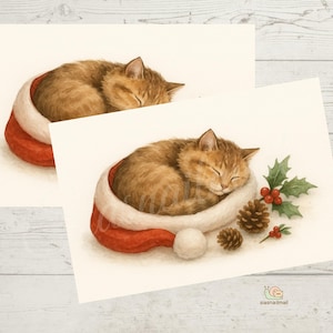 Può includere: Illustrazione ad acquerello di due biglietti con un gatto tabby arancione addormentato, raggomitolato in un cappello di Babbo Natale rosso e bianco. Un biglietto ha agrifoglio e pigne. I biglietti sono su una superficie di legno chiaro.