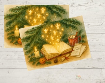 Cartolina Magia Natalizia – Libro di Natale, angeli e candele per posta ordinaria e auguri invernali, biglietto di Natale (PK2526)