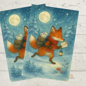 May include: Two watercolour prints showing a fox delivering mail in a snowy forest at night. The fox is orange with a red scarf and a backpack of letters. A full moon and stars are in the blue sky.
