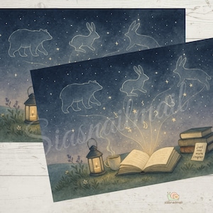 Puede incluir: Dos impresiones artísticas que representan una escena nocturna estrellada con constelaciones de osos y conejos. Una muestra un libro abierto con luz, una linterna y una taza. La otra es una duplicación.