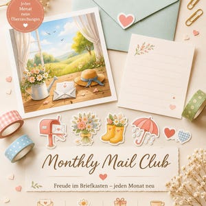Könnte beinhalten: Eine Zusammenstellung von Schreibwaren, darunter ein Landschaftskunst-Druck, ein Umschlag, Notizkarten, dekoratives Klebeband und Aufkleber. Das Bild zeigt das Thema "Monthly Mail Club" mit Blumen- und Herzmotiven.
