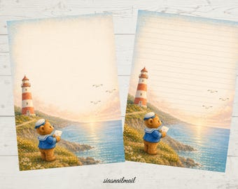 Carta da lettere Lighthouse Bear, formato circa A5 – carta a righe con motivo marino, carta per corrispondenza, articoli di cancelleria a tema marittimo, Happy Mail (BP2612)