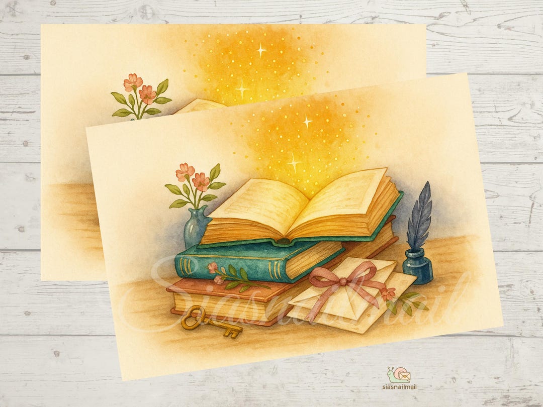 Postcard Magic Book – Stack of Books, Letter & Glowing Stars for Snail ...