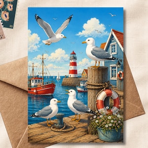 Maritime Möwen Postkarte mit Leuchtturm – Küsten Grußkarte – Nordsee & Ostsee Motiv – Meer Landschaft – Postcrossing Karte (PK2683)