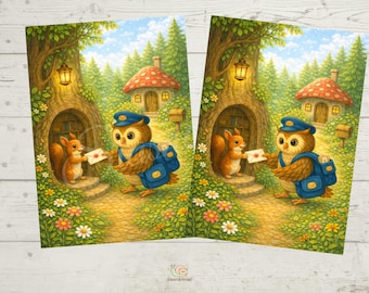 Cartolina Gufo come postino nella foresta – Illustrazione di un animale da favola con scoiattolo (PK2623)
