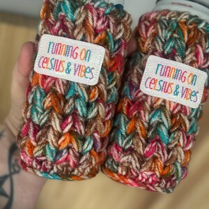 Crochet Skinny Can Cozy with “running on celcius & vibes” Patch image 2