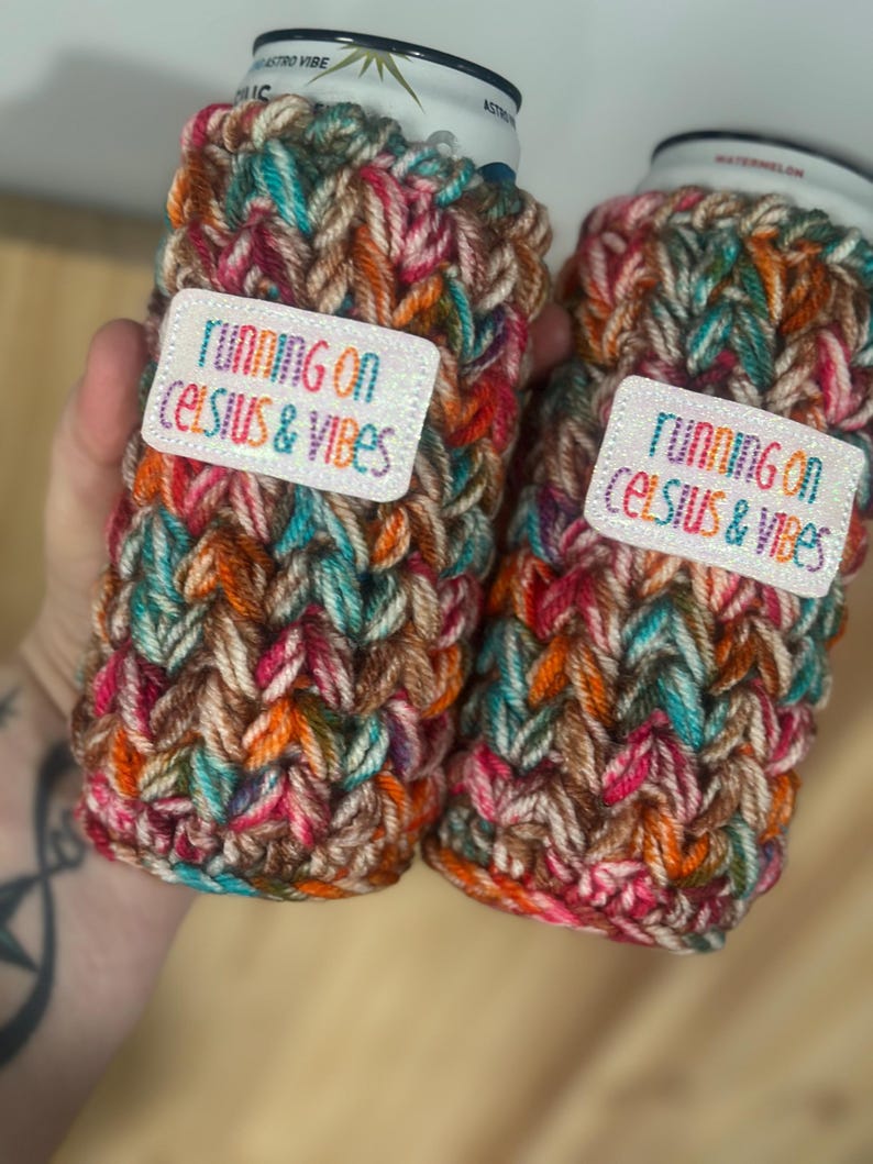 Crochet Skinny Can Cozy with “running on celcius & vibes” Patch image 2