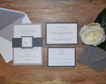 Classic White and Gray Invitation Suite with belly Band