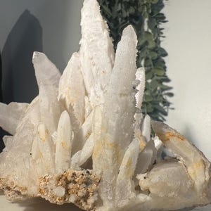 May include: A cluster of clear quartz crystals with sharp, pointed formations. The crystals have a frosted appearance with some areas showing a slight yellow-brown hue. The base of the cluster has a rough, textured surface with small, granular deposits.