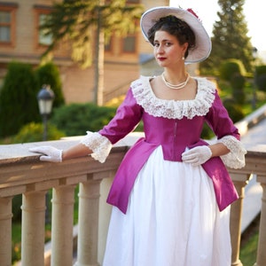 1700 Dark Pink Rococo costume Pet en l'air Jacket 18 century Colonial Caraco with Skirt