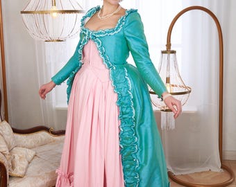 Rococo 18th Century Costume, Mint Jacket, Pink Skirt, Marie Antoinette Style