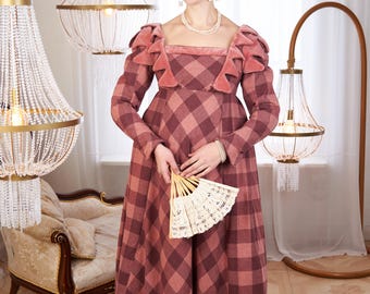 Regency Rosegold Walking Dress, Plaid Jane Austen Home Costume