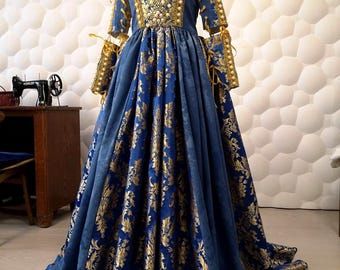 Sapphire Blue Italian Renaissance Gown, Royal Borgias Wedding Dress, Golden Trim, Pearls