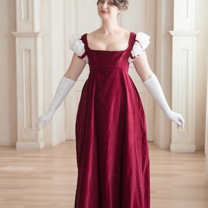 1810 Burgundy Cotton Velvet Dress with White Transparent Sleeves, Jane Austen Era Empire Evening and Ball Gown