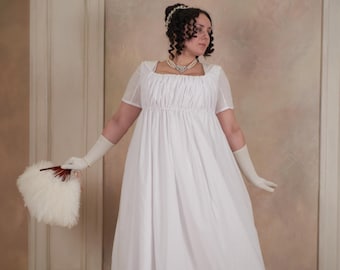 White Regency Jane Austen Dress, 1790s, 1800s Empire Ballgown, Napoleonic Cotton Wedding Dress