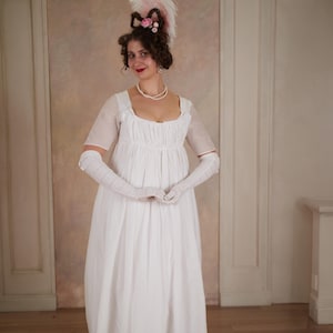 Regency Era White Silk and Cotton Dress | Jane Austen Empire High Waist Drop Front Opening Gown | 1800s Open Robe Historical Costume