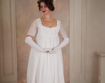 White Silk Regency Gown, 1800s Georgian Napoleonic Wedding Costume with Apron Style Closure