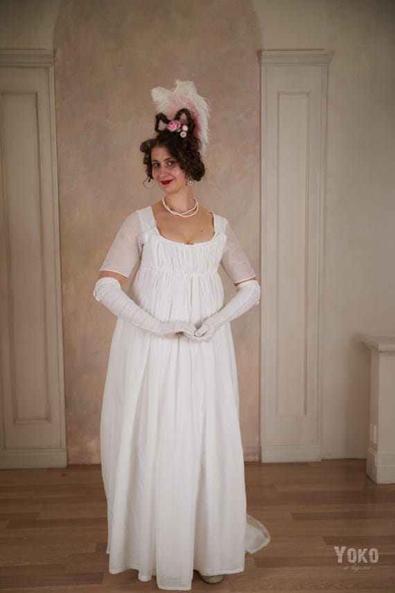 White Silk Regency Gown, 1800s Georgian Napoleonic Wedding Costume with Apron Style Closure