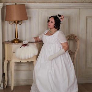 1800s Early Regency White Cotton Dress |Jane Austen Empire Waist Gown | Geogian and Napoleonic Historical Costume