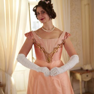 Belle Epoque Ball Dress, Edwardian Evening 1900s Gilded age Gown in Blush Pink, Gibson Girl Wedding dress Made to order
