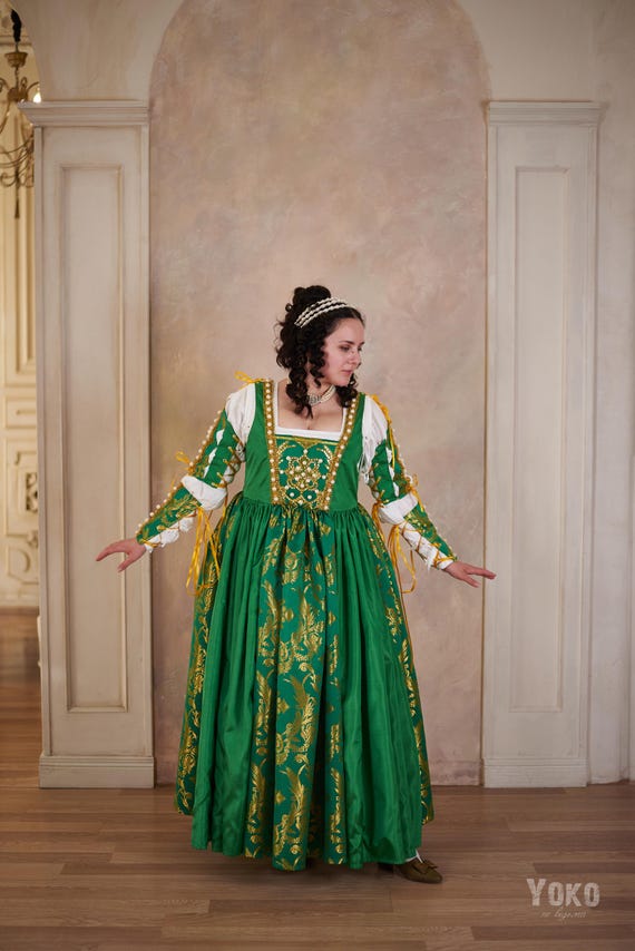 Green Italian Renaissance Dress, Pearl Lace Renfaire Gown