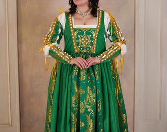 Green Italian Renaissance Dress, Pearl Lace Renfaire Gown