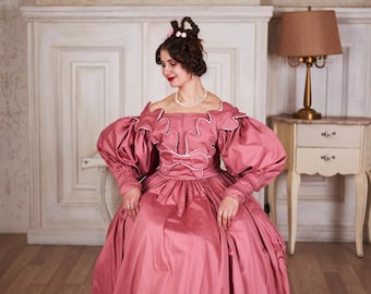 1830s Romantic Gown: Light Pink Cotton Satin Biedermeier Costume