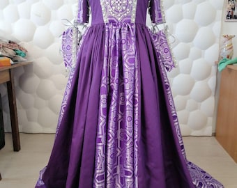 Purple Renaissance Bridal Gown, 15th Century Noble Costume with Silver Trim