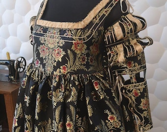 1500s Italian Renaissance Gown: Black Brocade, Detachable Sleeves, Side Lacing Bodice