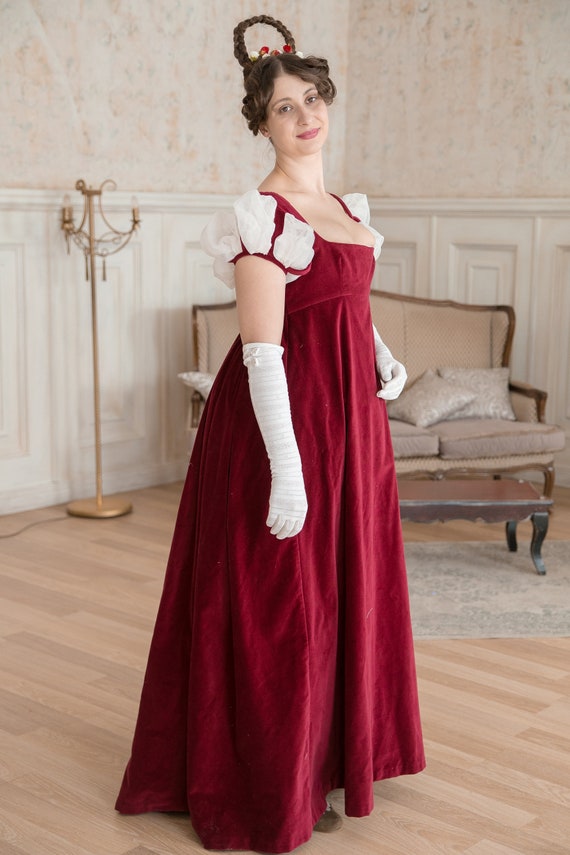 1810s Regency Velvet High Waist Dress Napoleonic Evening and Ball