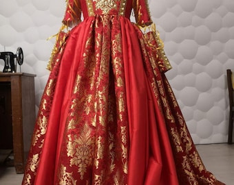 Red Italian Renaissance Dress,15th Century Borgias Gown with Removable Sleeves