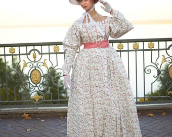 1830s Summer Early Victorian Biedermeier Romantic Linen Walking Dress