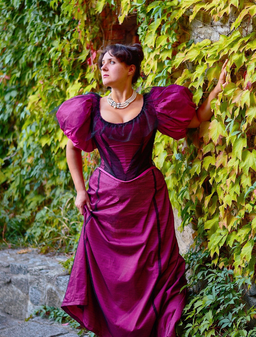 Gilded Age Ball Gown: Victorian Steampunk Pink Black Lace Dress